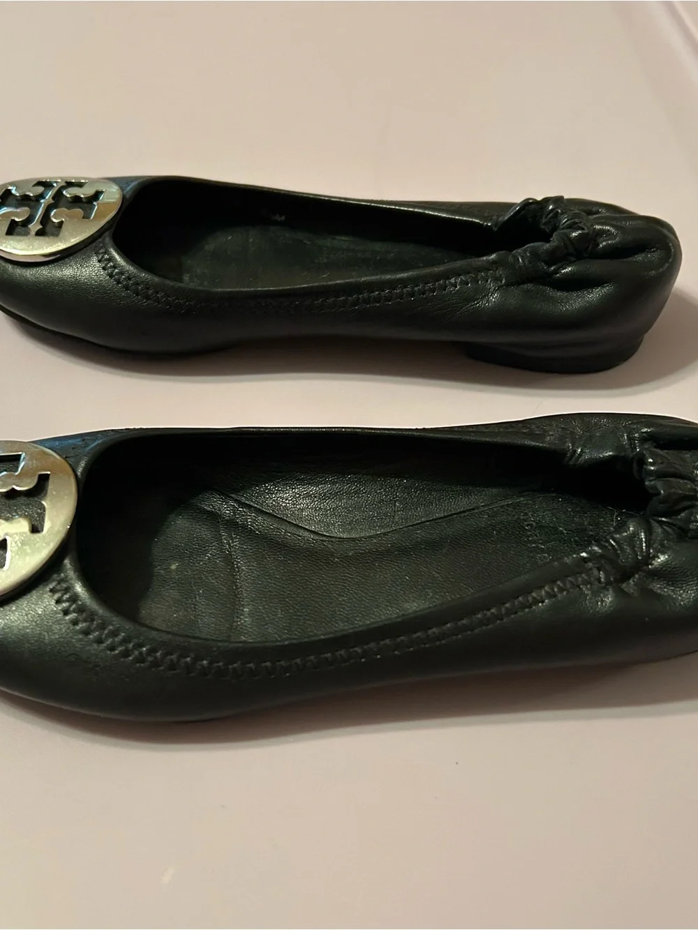 Tory Burch Black Leather Reva Flats with Gold Logo Medallion - Picture 6 of 10